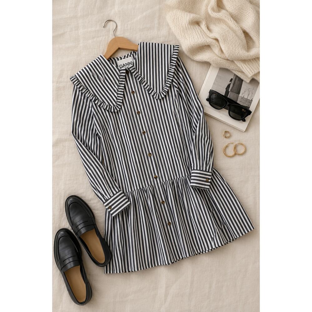 Ganni Organic Cotton Stripe Mini Shirt Dress Sailor Collar 38/US 6 Black White - Picture 14 of 15
